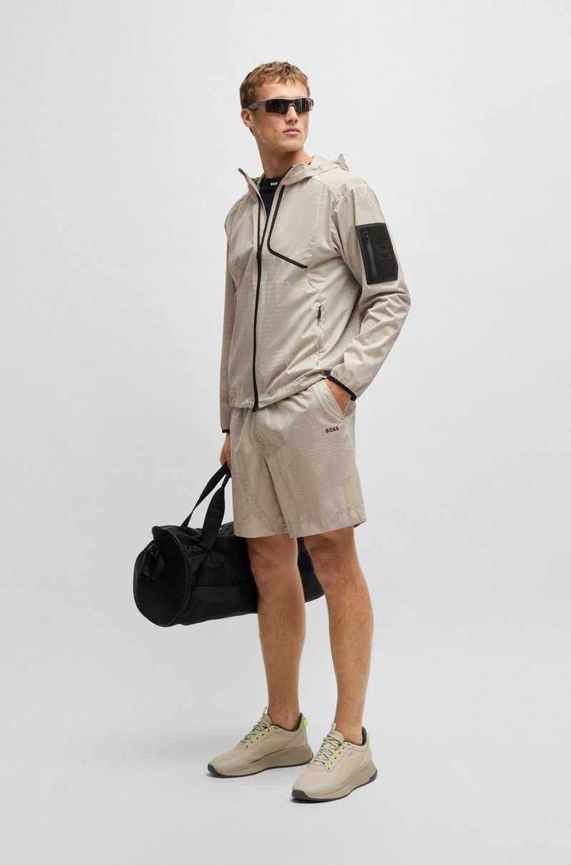 Hugo Boss Chaqueta Con Capucha De Malla Laminada Activa Con Estampado Integral