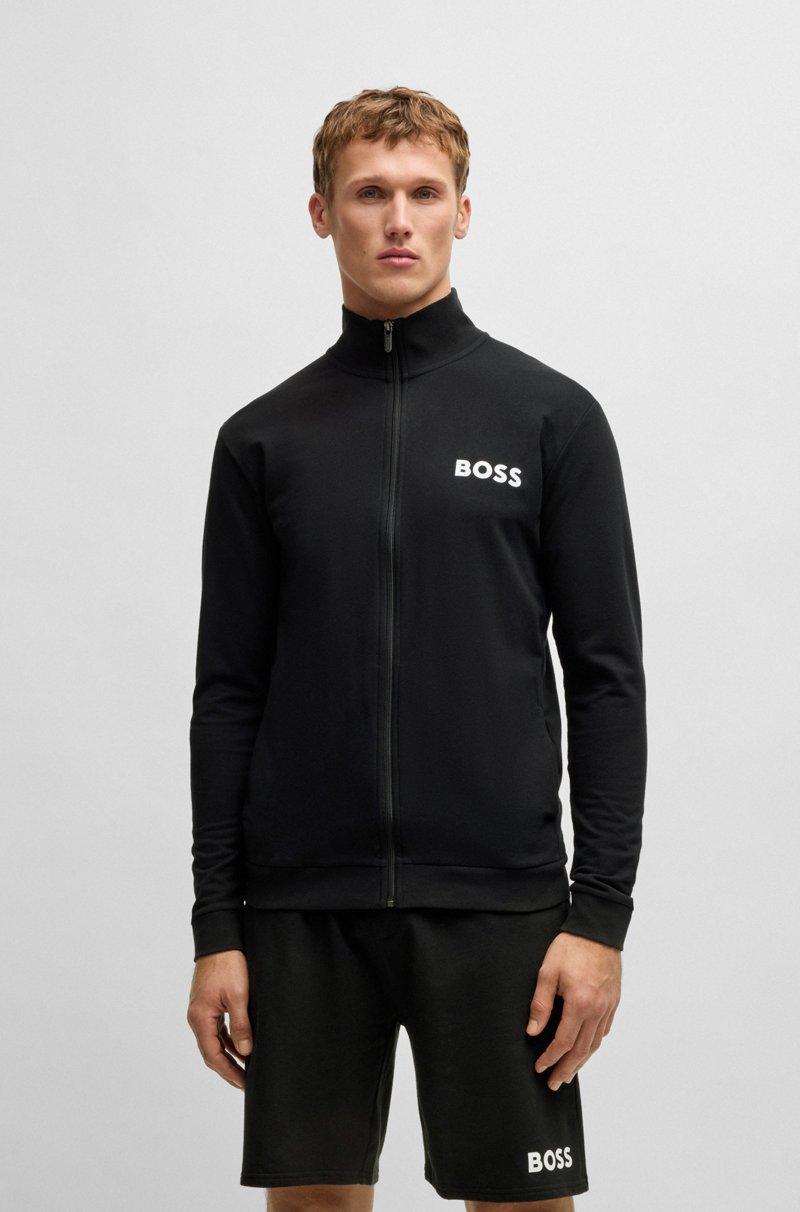 Hugo Boss Chaqueta con cremallera de felpa de algodón con logo en contraste