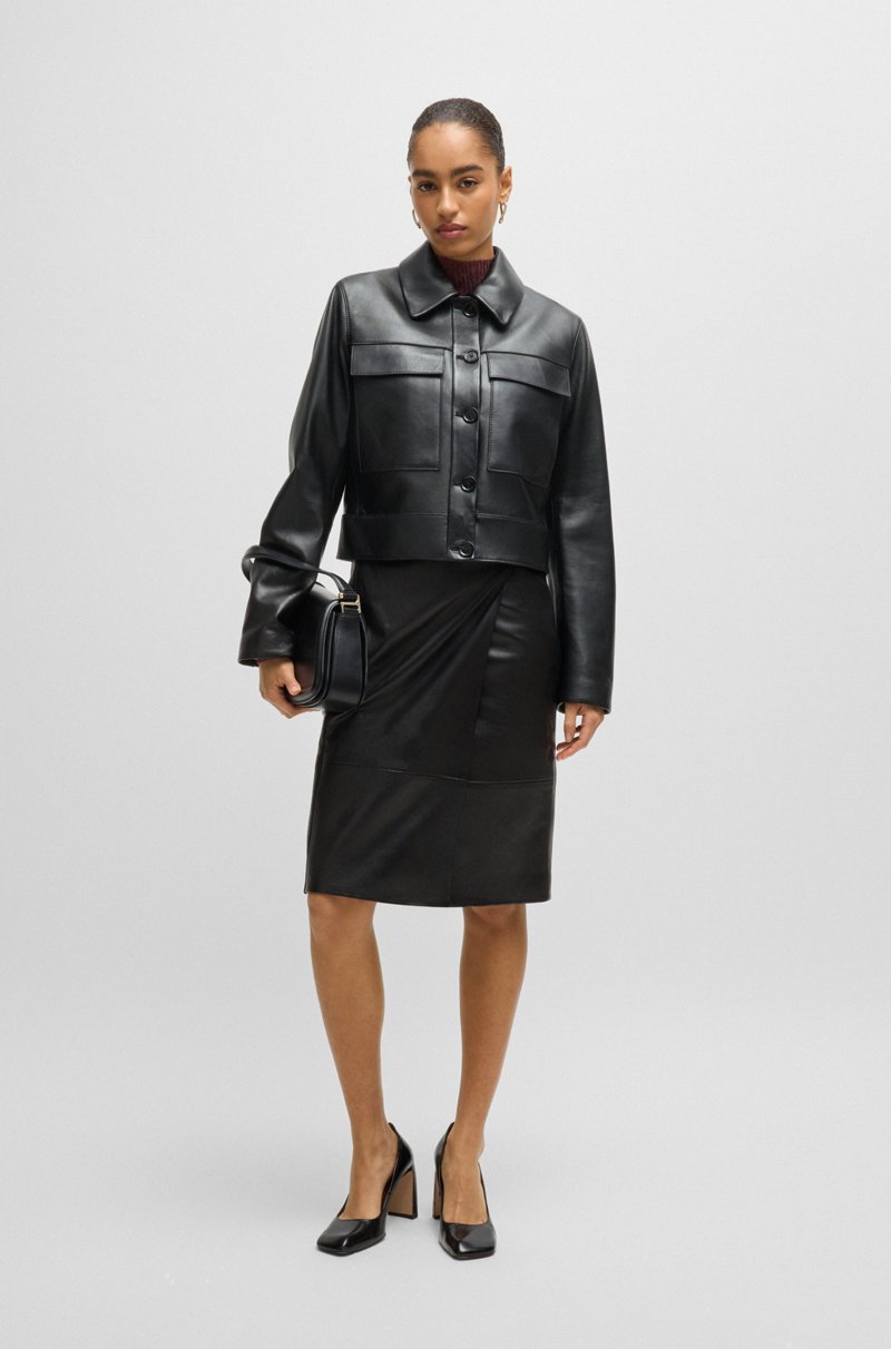 Hugo Boss Chaqueta De Piel Con Puños En Contraste Y Cierre De Botones