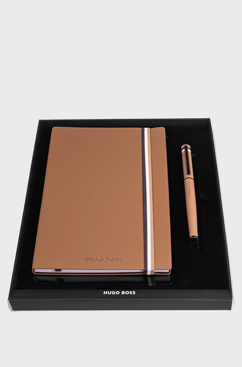 Hugo Boss Conjunto de cuaderno y bolígrafo de gel en tono cámel y formato A5