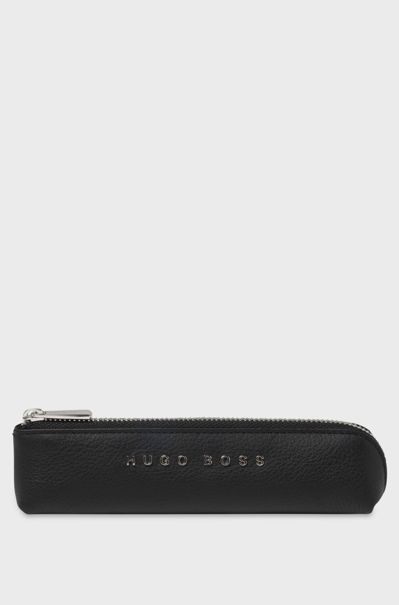 Hugo Boss Estuche para bolígrafos de piel negra con grano y logo plateado