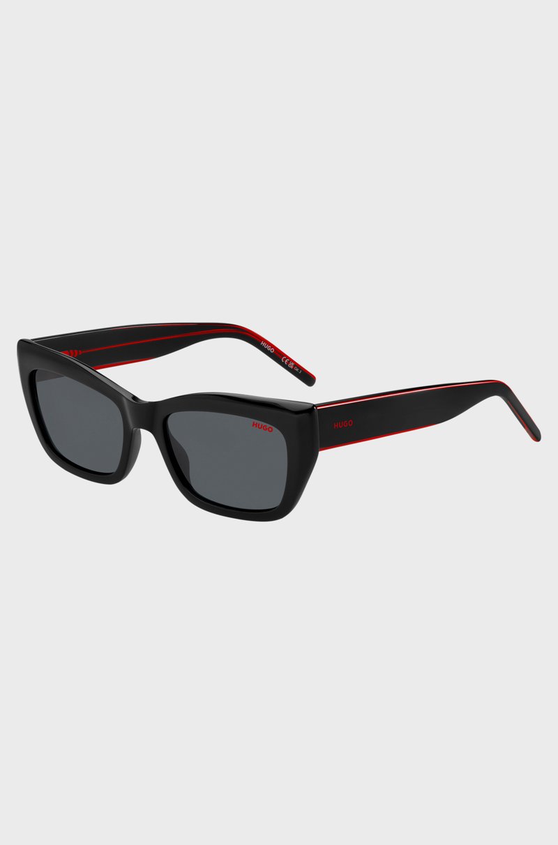 Hugo Boss Gafas de sol de acetato negro con patillas diseñadas a capas en el rojo de la marca
