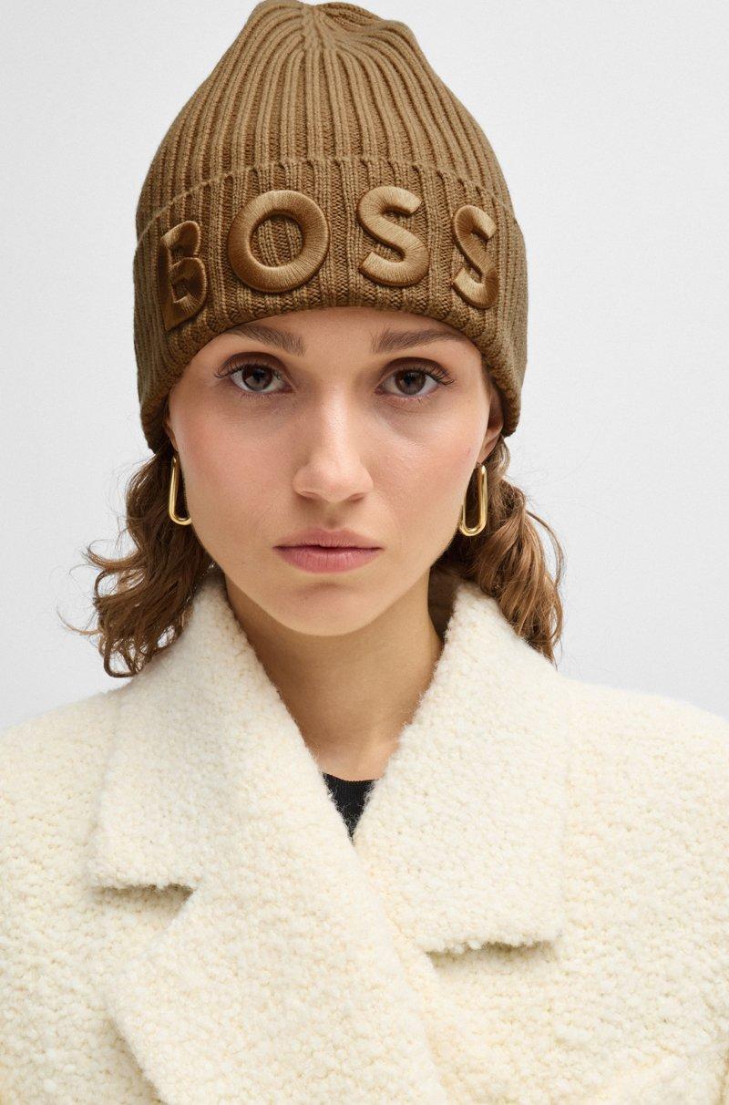 Hugo Boss Gorro De Punto De Canalé De Lana Virgen Con Logo Bordado