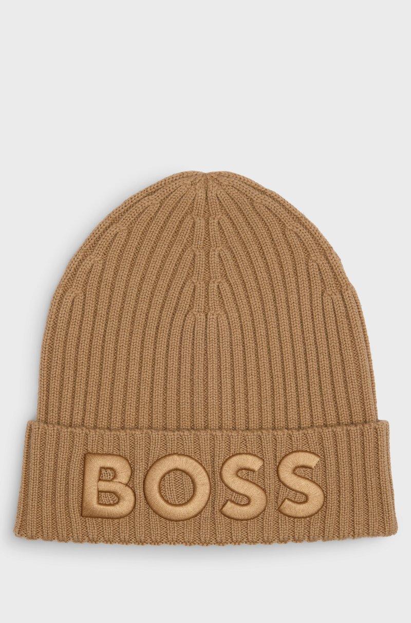 Hugo Boss Gorro de punto de canalé de lana virgen con logo bordado