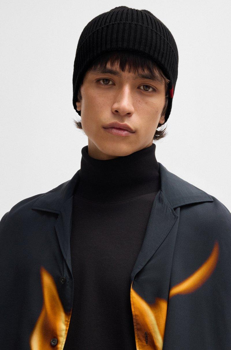 Hugo Boss Gorro De Punto De Canalé En Mezcla De Lana Con Etiqueta Con Logo