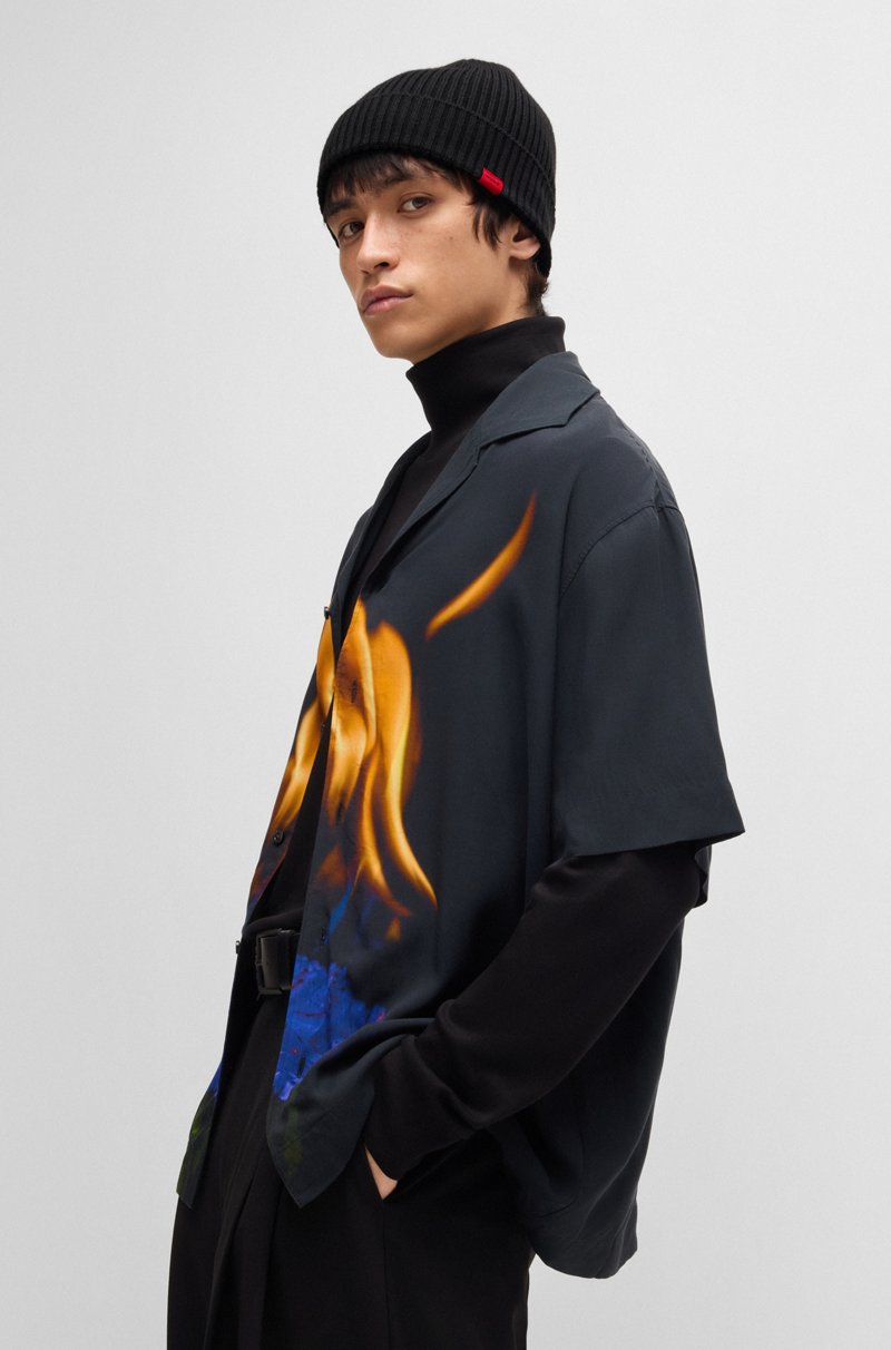 Hugo Boss Gorro De Punto De Canalé En Mezcla De Lana Con Etiqueta Con Logo