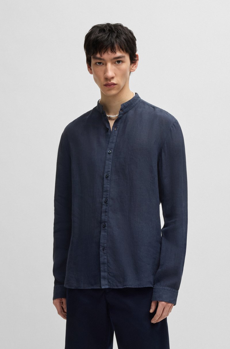 Hugo Boss Camisa slim fit de lino con cuello mao