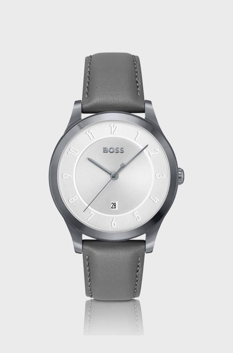 Hugo Boss Reloj chapado en gris con correa de piel
