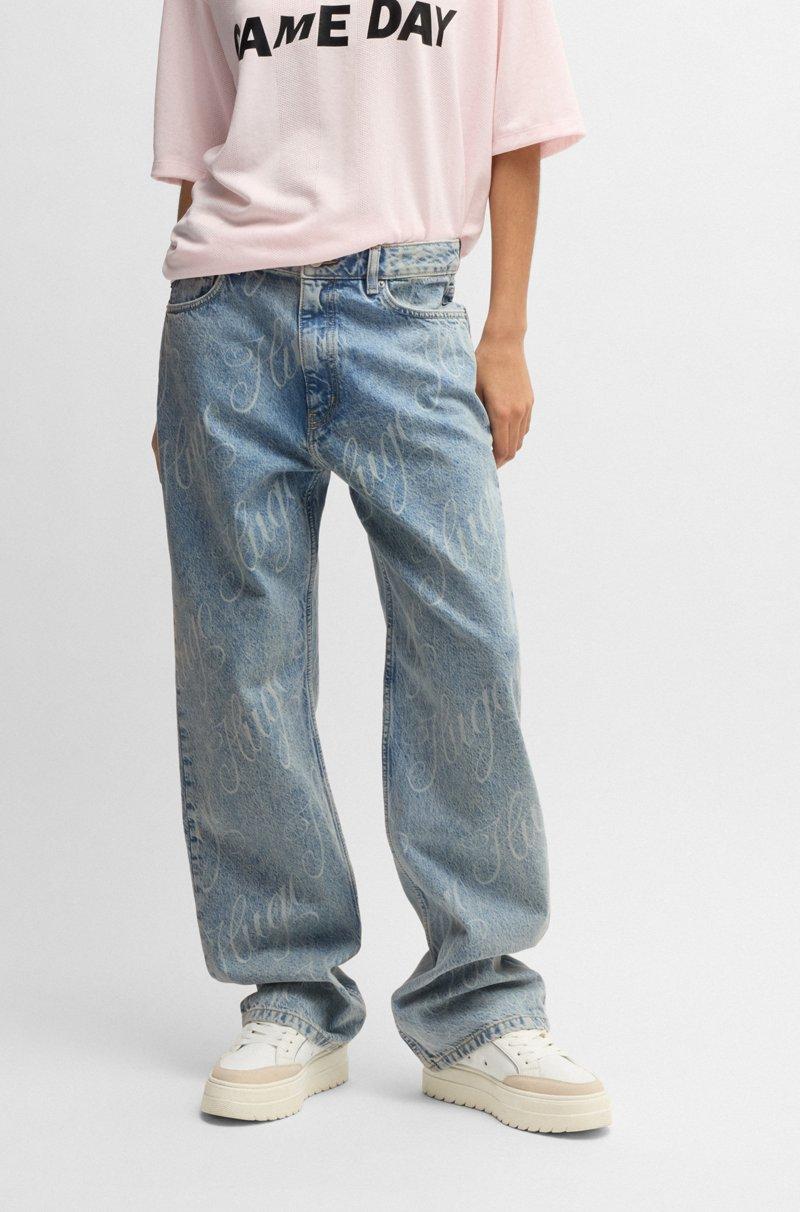 Hugo Boss Jeans de corte recto en denim azul con logos estampados