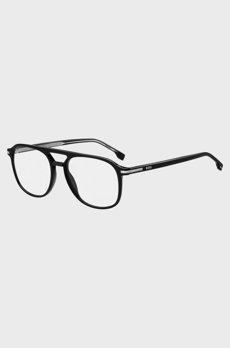 Hugo Boss Montura para gafas graduadas de acetato negro con ribetes en tono plateado