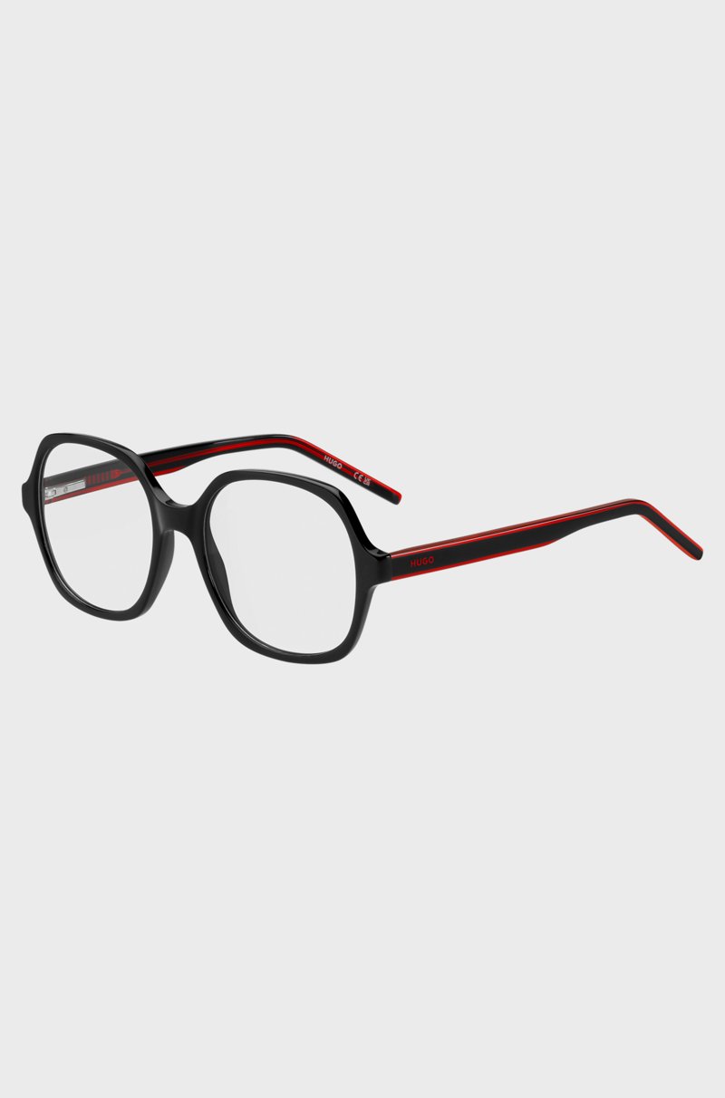 Hugo Boss Montura para gafas graduadas de acetato negro con patillas a capas en el rojo de la marca