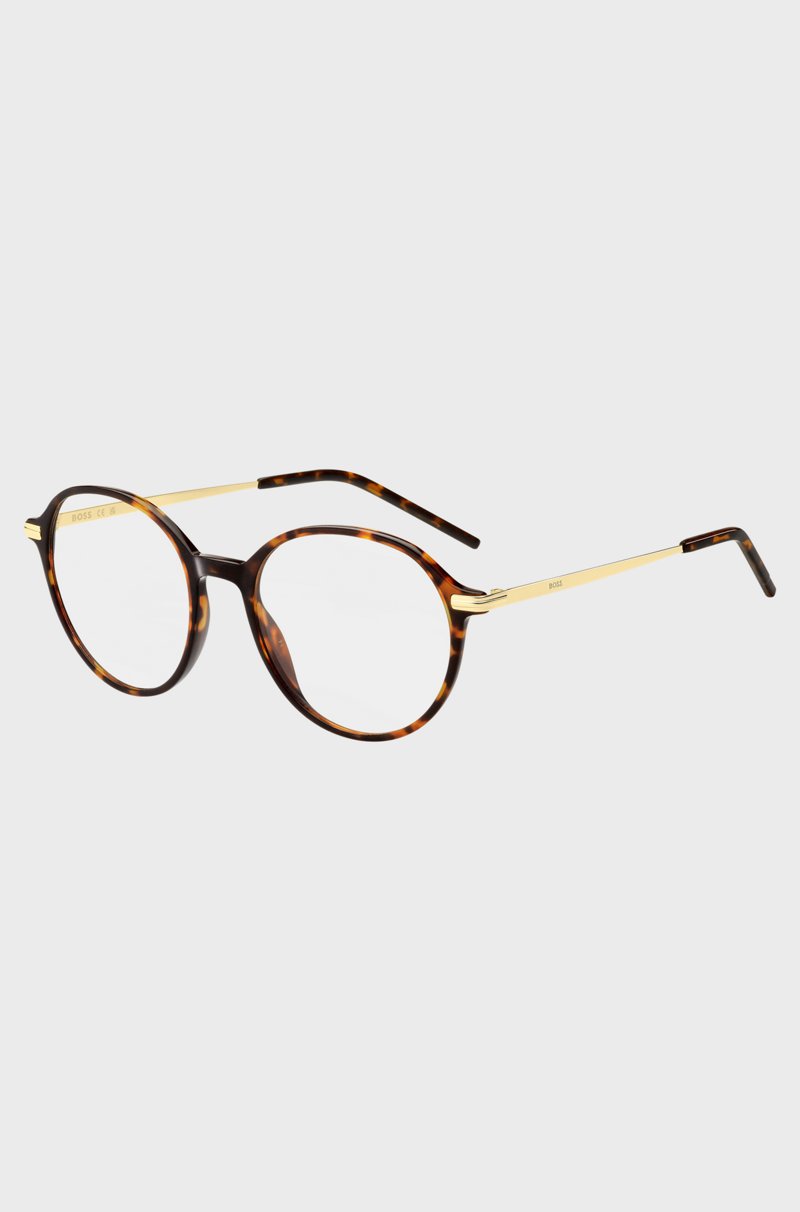 Hugo Boss Montura para gafas graduadas redonda en acetato Habana con patillas en tono dorado