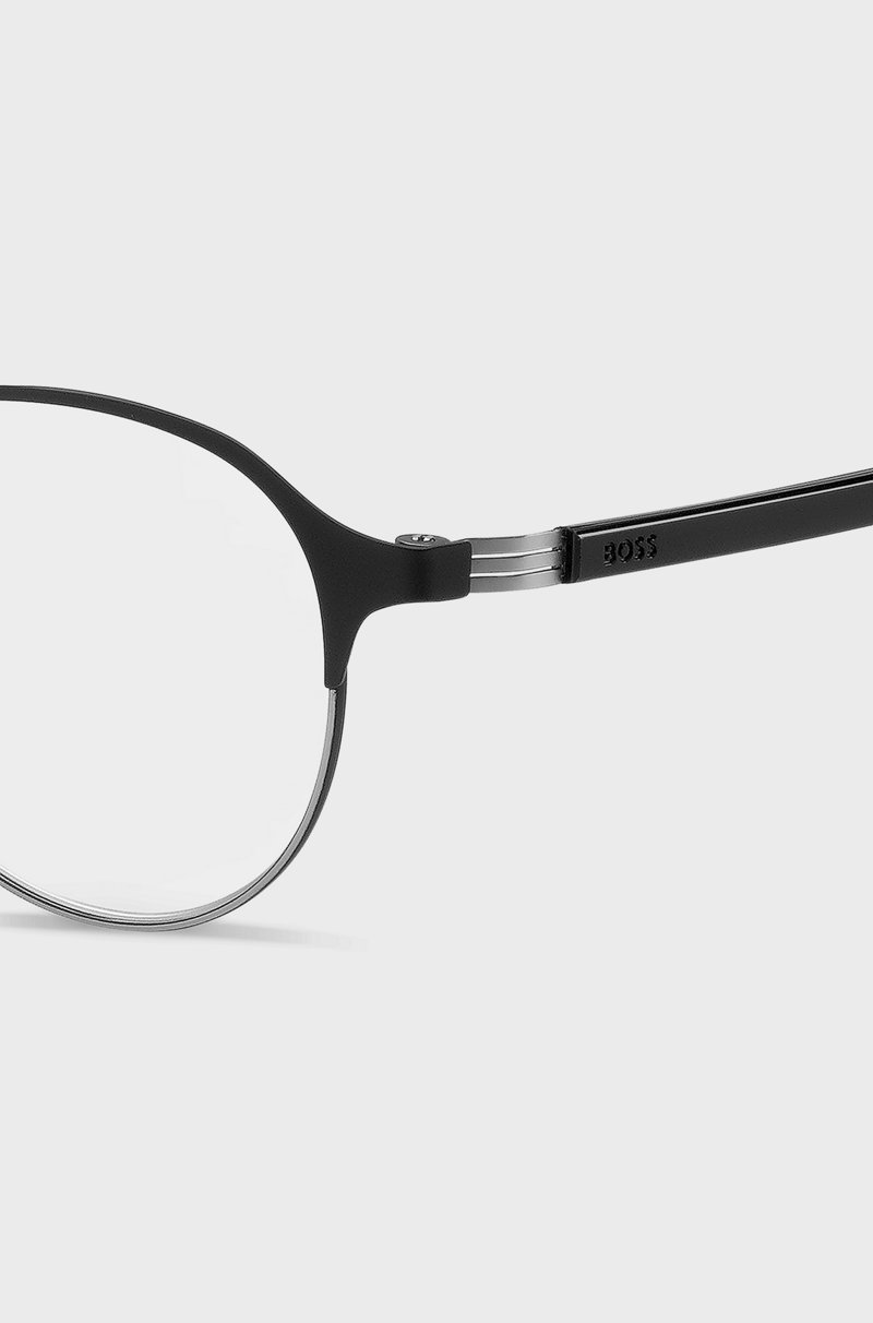 Hugo Boss Montura Redonda Para Gafas Graduadas En Acero Negro Con Bisagras A Rayas