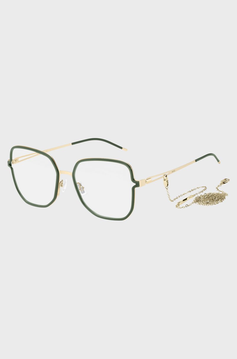 Hugo Boss Montura verde para gafas graduadas con patillas de horquilla y cadena de la marca