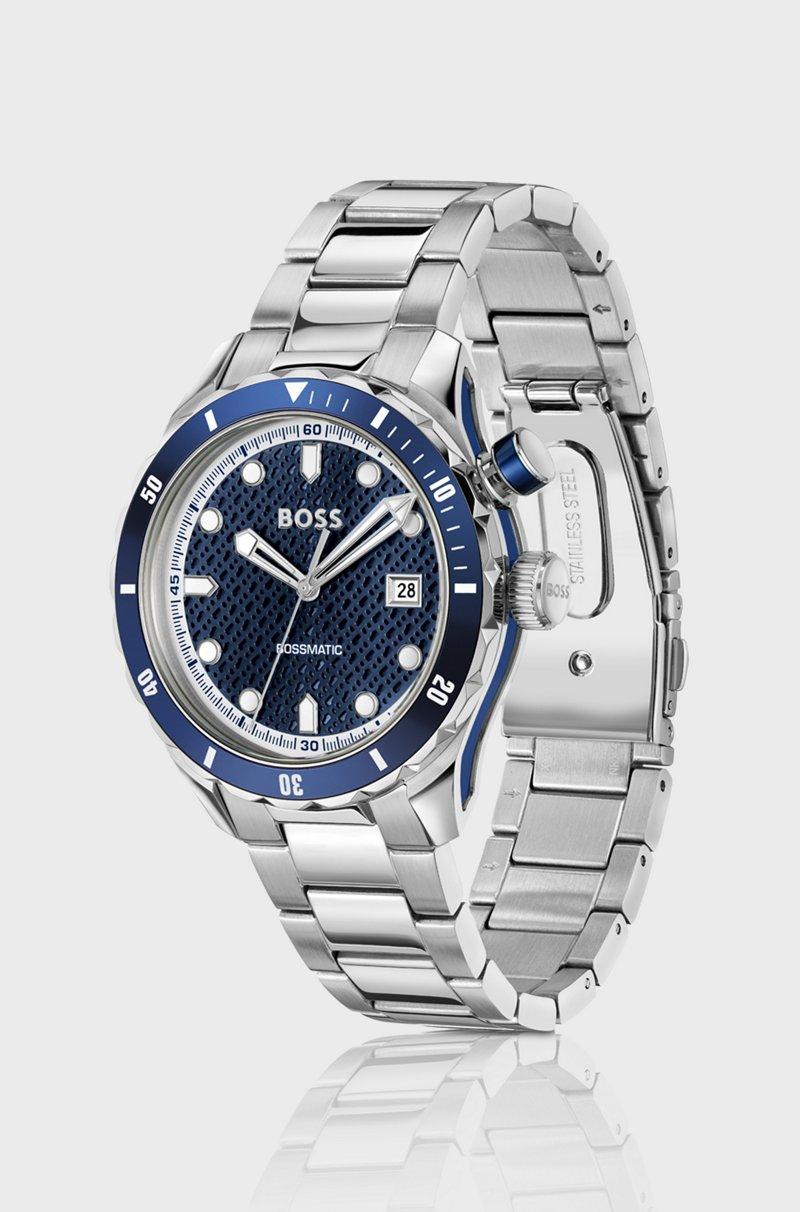 Hugo Boss Reloj Automático Plateado Con Textura De Monogramas En La Esfera Azul