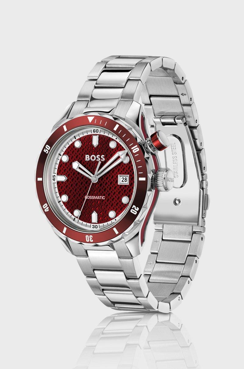 Hugo Boss Reloj Automático Plateado Con Textura De Monogramas En La Esfera Roja