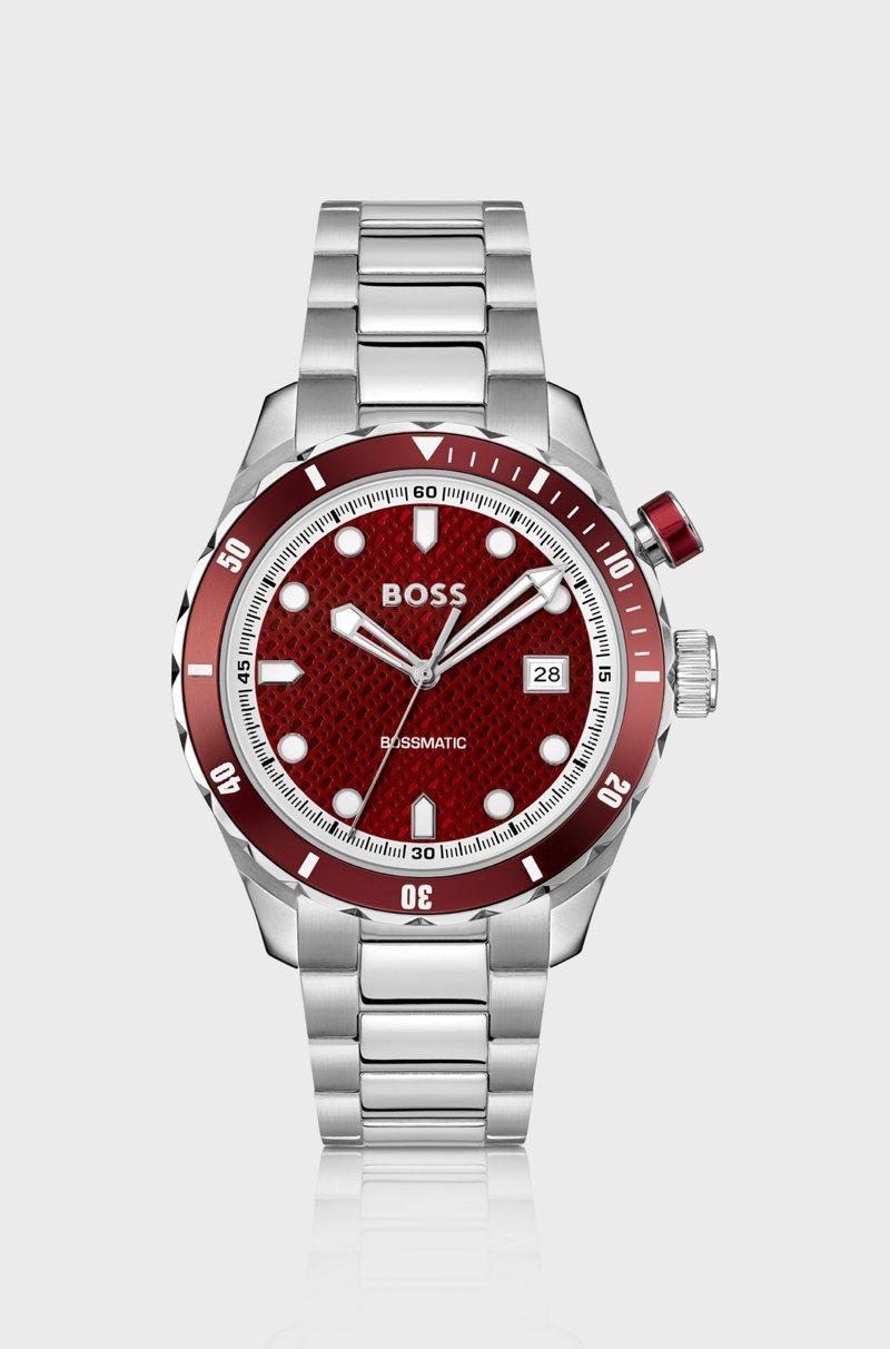 Hugo Boss Reloj Automático Plateado Con Textura De Monogramas En La Esfera Roja