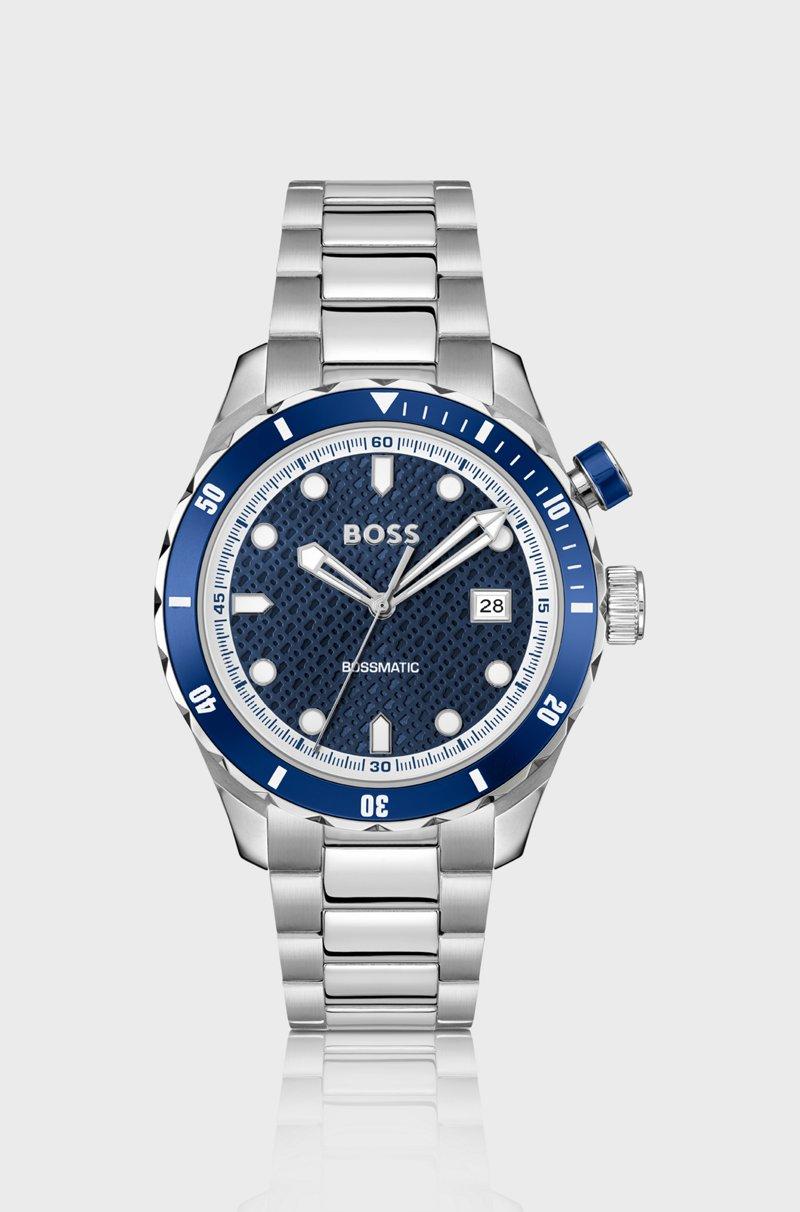 Hugo Boss Reloj Automático Plateado Con Textura De Monogramas En La Esfera Azul