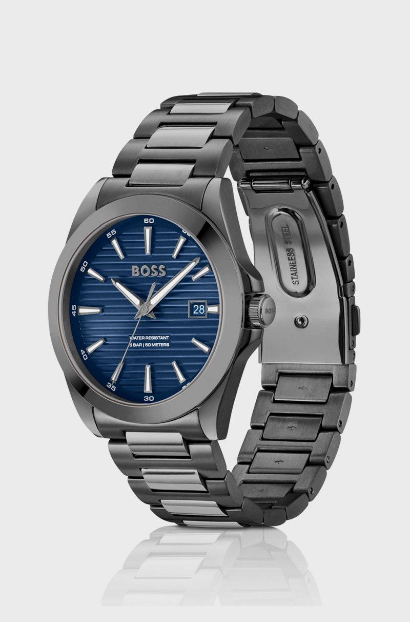 Hugo Boss Reloj Chapado En Gris Con Esfera Estriada Azul