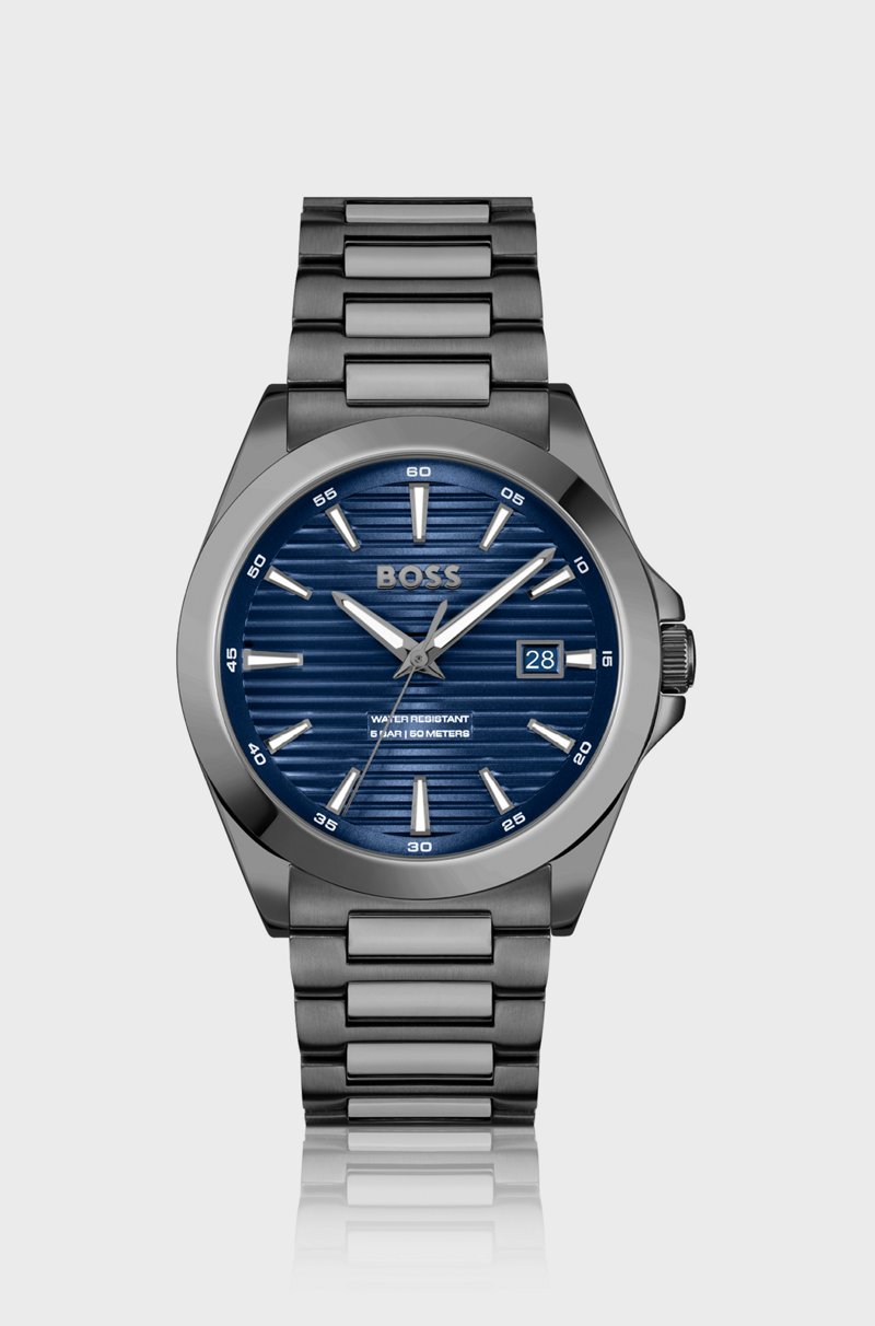 Hugo Boss Reloj chapado en gris con esfera estriada azul
