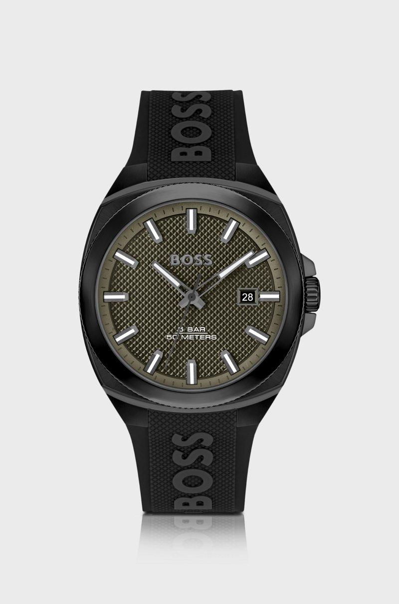 Hugo Boss Reloj con correa de silicona y esfera verde oliva en guilloché
