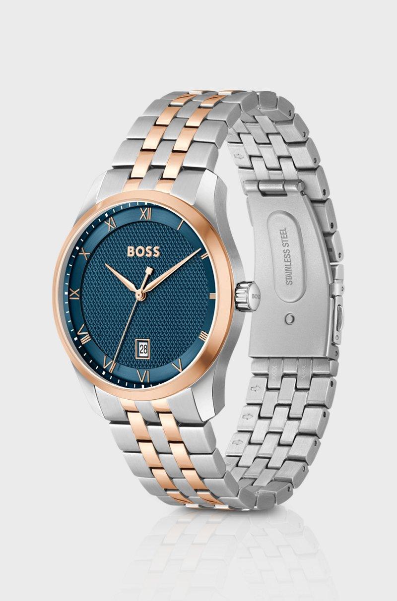 Hugo Boss Reloj Con Esfera Estampada Azul Y Pulsera De Eslabones En Dos Tonos