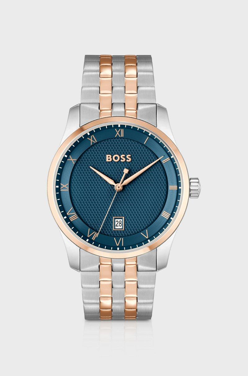 Hugo Boss Reloj con esfera estampada azul y pulsera de eslabones en dos tonos