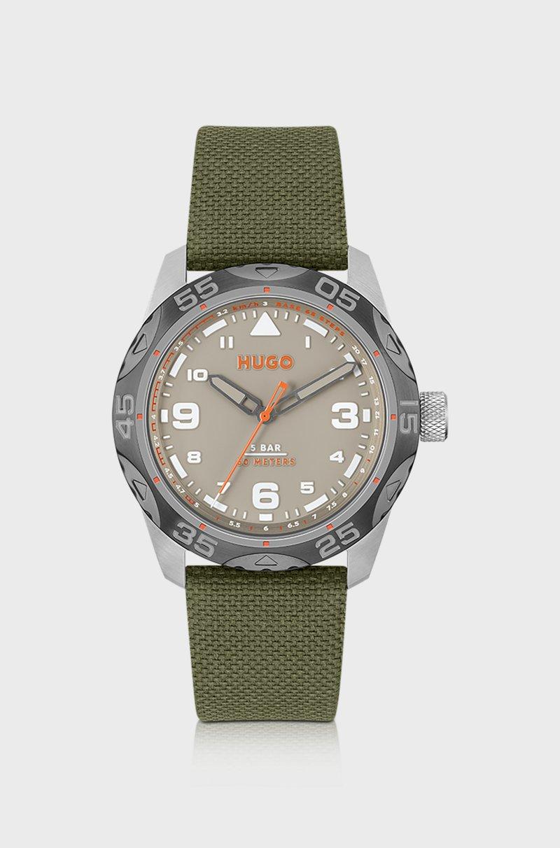 Hugo Boss Reloj con esfera gris y correa de tela verde