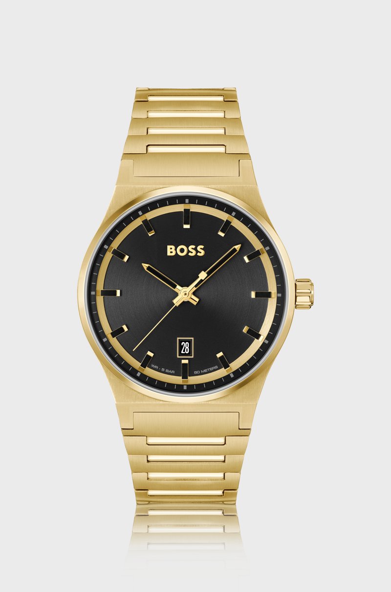 Hugo Boss Reloj con esfera negra y pulsera de eslabones en tono dorado