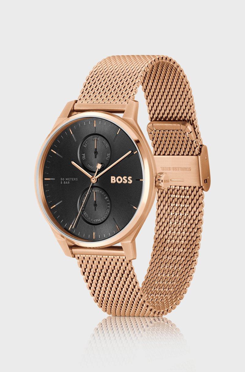 Hugo Boss Reloj Con Esfera Negra Y Pulsera De Malla En Tono Oro Rosa