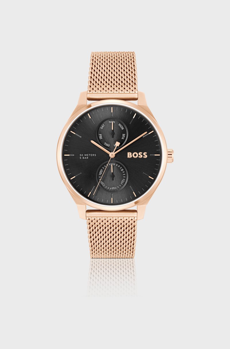 Hugo Boss Reloj con esfera negra y pulsera de malla en tono oro rosa