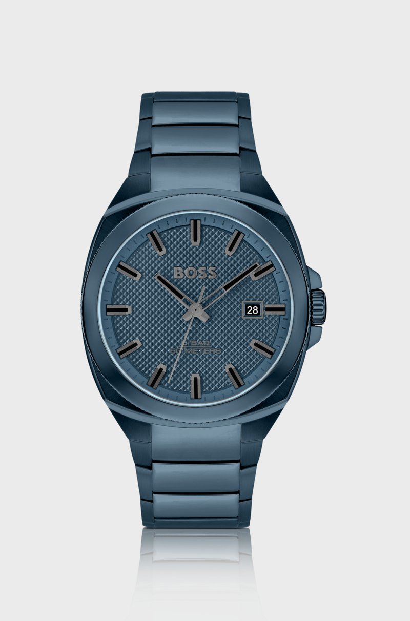 Hugo Boss Reloj con pulsera de eslabones azules y esfera en guilloché tonal