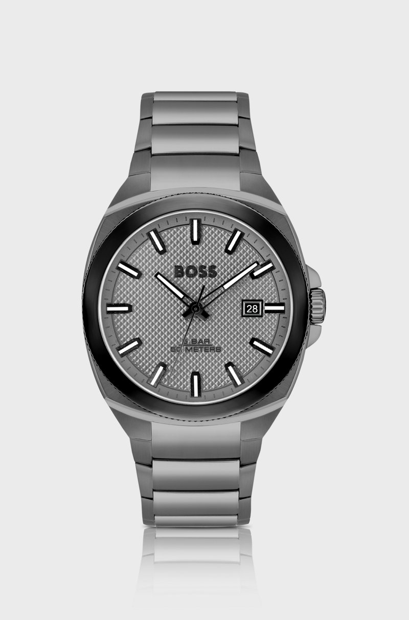 Hugo Boss Reloj con pulsera de eslabones grises y esfera en guilloché tonal