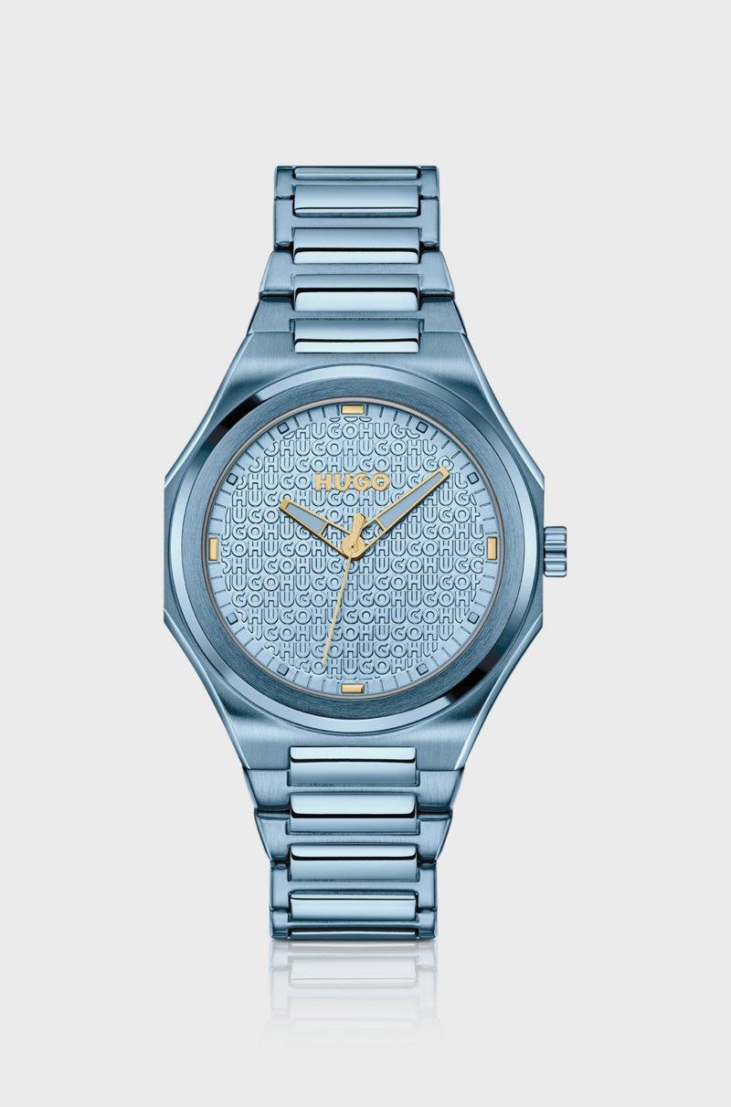 Hugo Boss Reloj de acero azul con esfera con logos en relieve