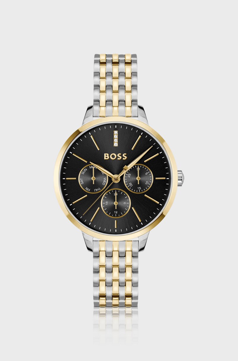 Hugo Boss Reloj de acero en dos tonos con esfera negra y tachuelas de cristal