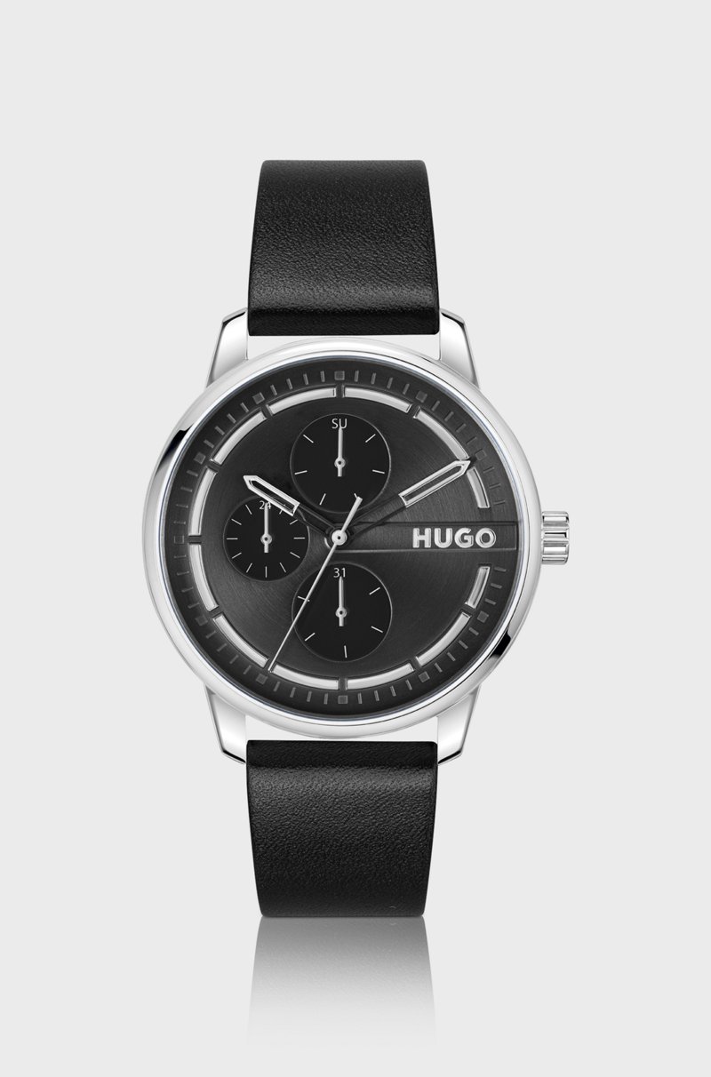 Hugo Boss Reloj de acero inoxidable con esfera negra y correa de piel