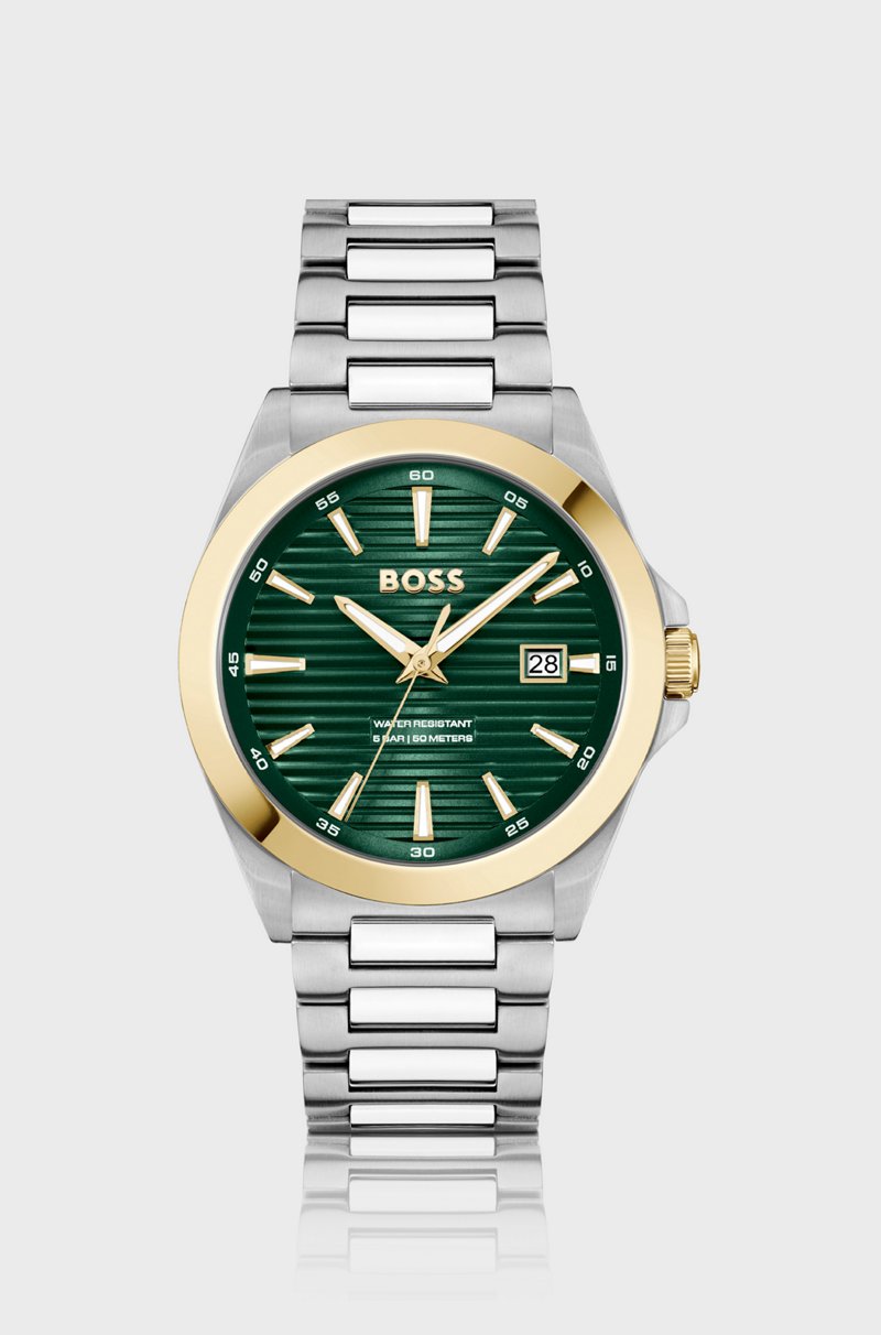 Hugo Boss Reloj de tono dorado y plateado con esfera verde ranurada
