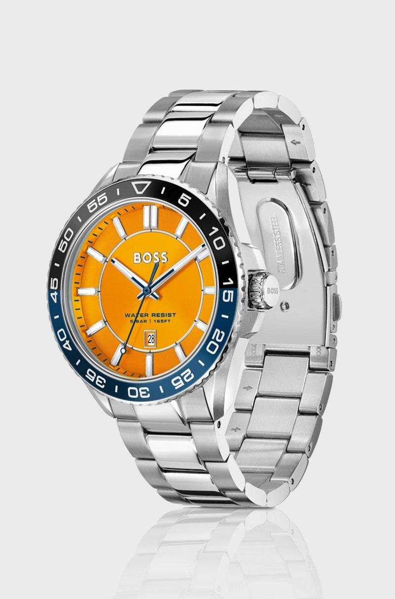 Hugo Boss Reloj En Tono Plateado Con Esfera Naranja Y Bisel Giratorio