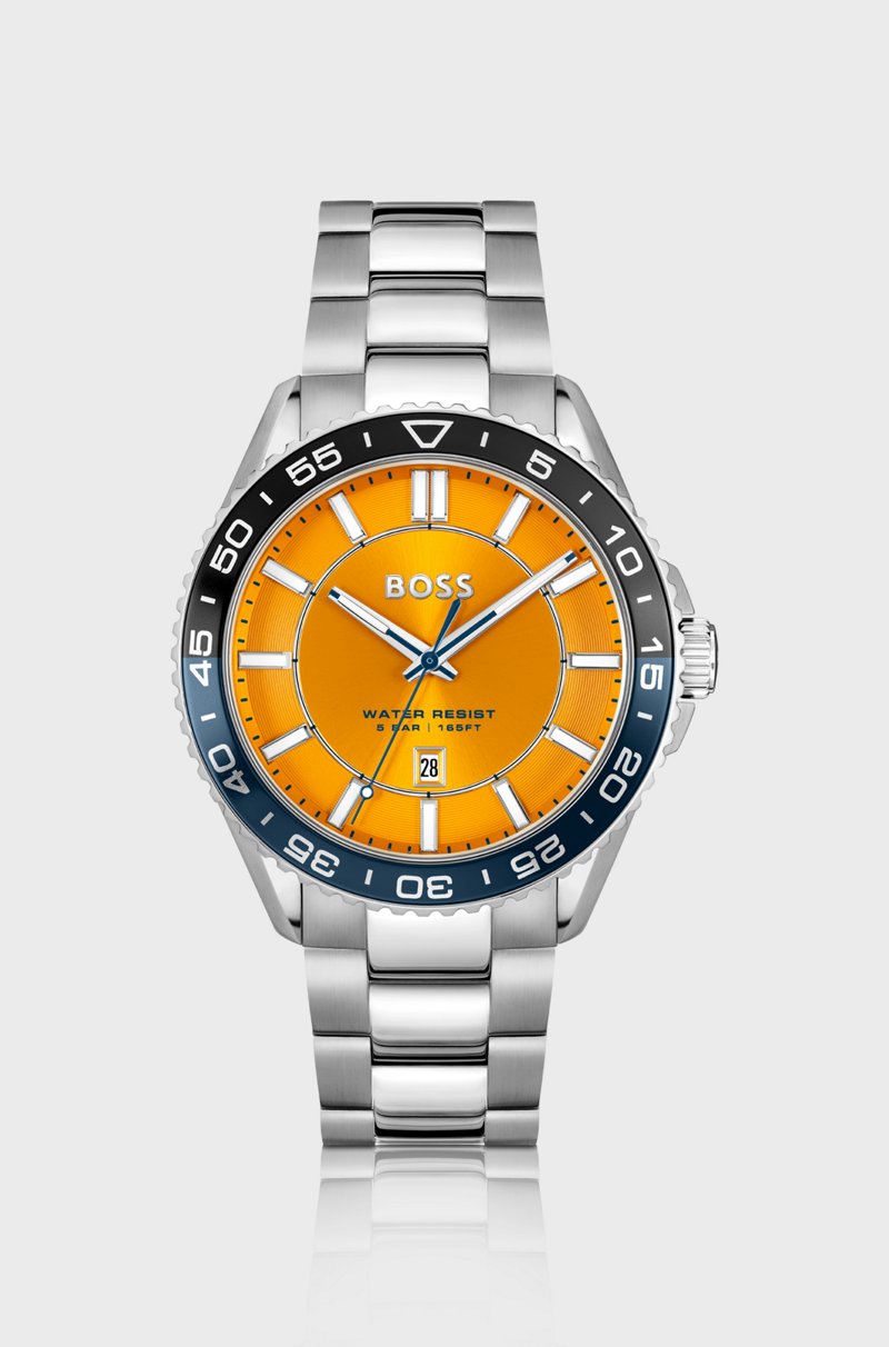 Hugo Boss Reloj en tono plateado con esfera naranja y bisel giratorio