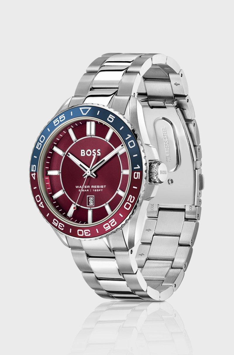 Hugo Boss Reloj En Tono Plateado Con Esfera Roja Y Bisel Giratorio