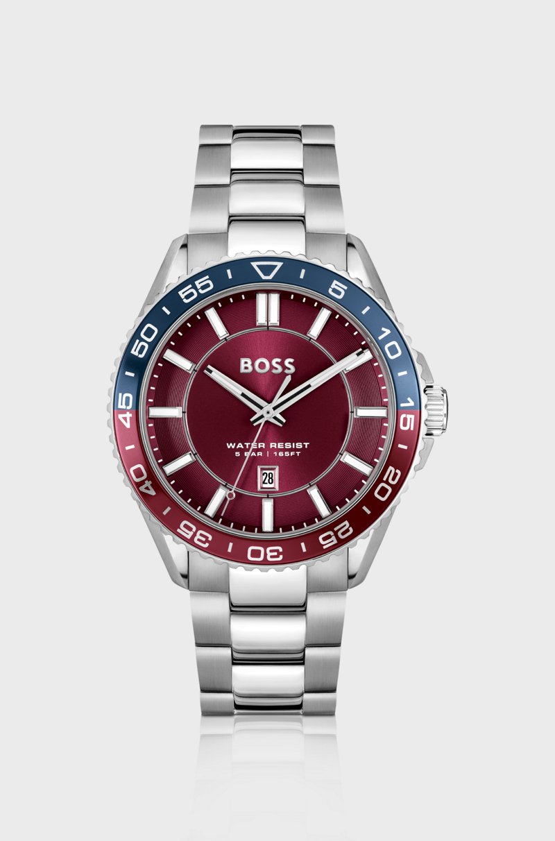 Hugo Boss Reloj en tono plateado con esfera roja y bisel giratorio