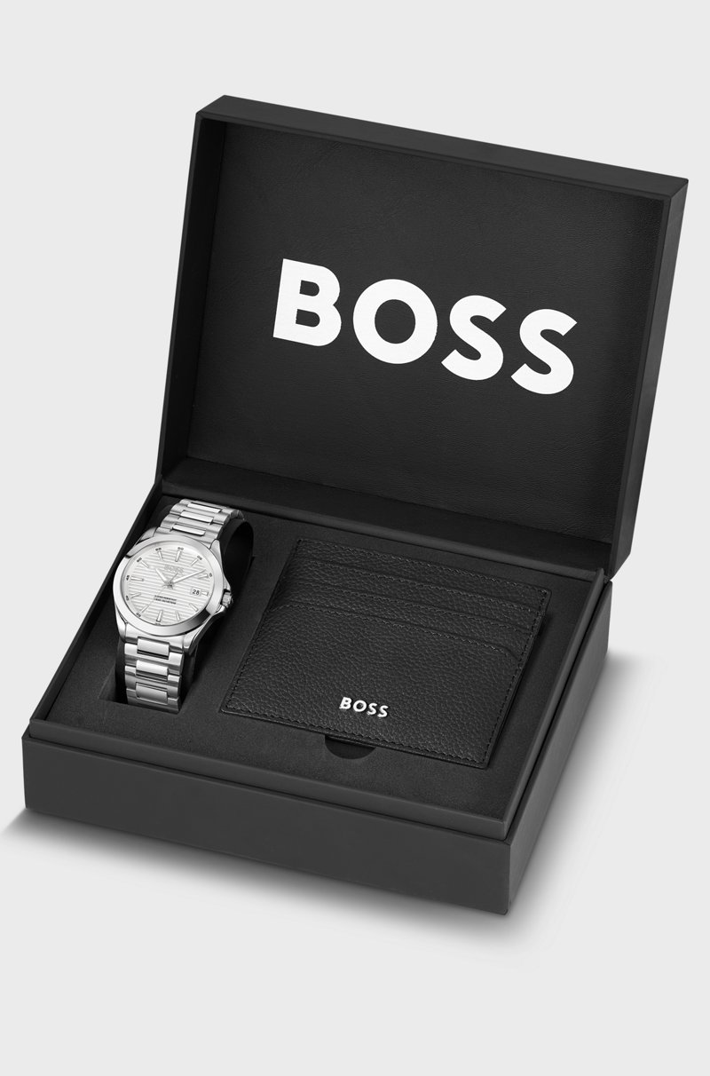 Hugo Boss Set De Regalo De Reloj Con Esfera Con Textura Y Tarjetero De Piel