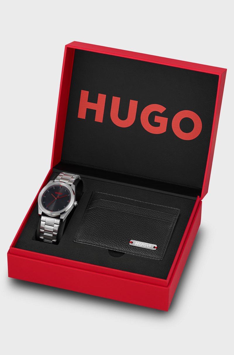 Hugo Boss Set De Regalo De Tarjetero De Piel Y Reloj Con Esfera Negra