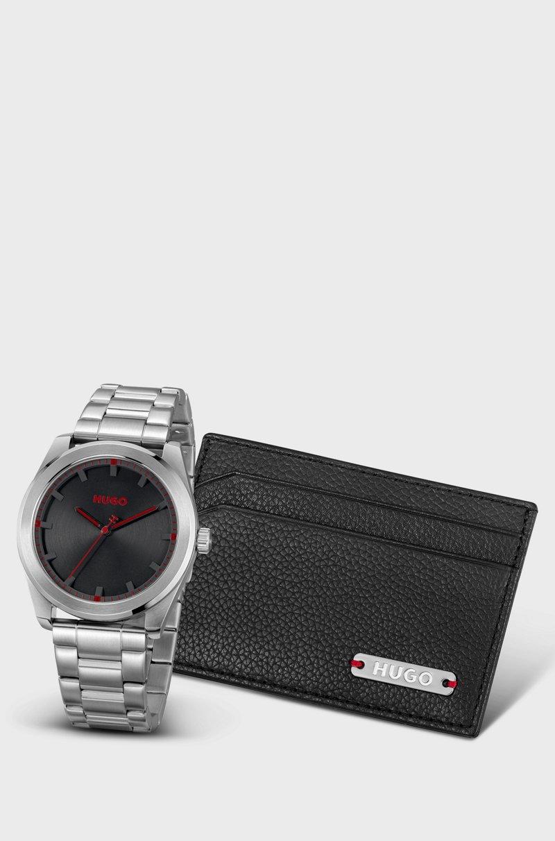 Hugo Boss Set de regalo de tarjetero de piel y reloj con esfera negra