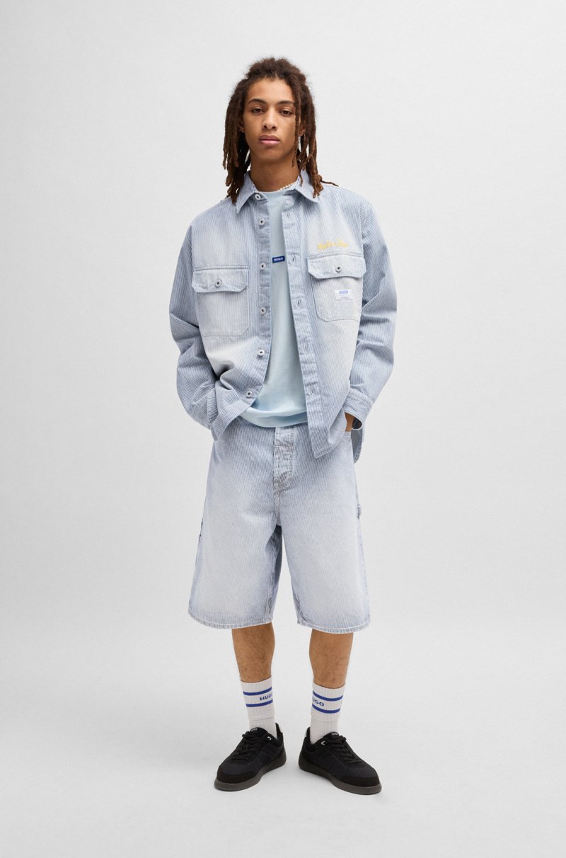 Hugo Boss Shorts De Pernera Ancha En Denim Azul A Rayas