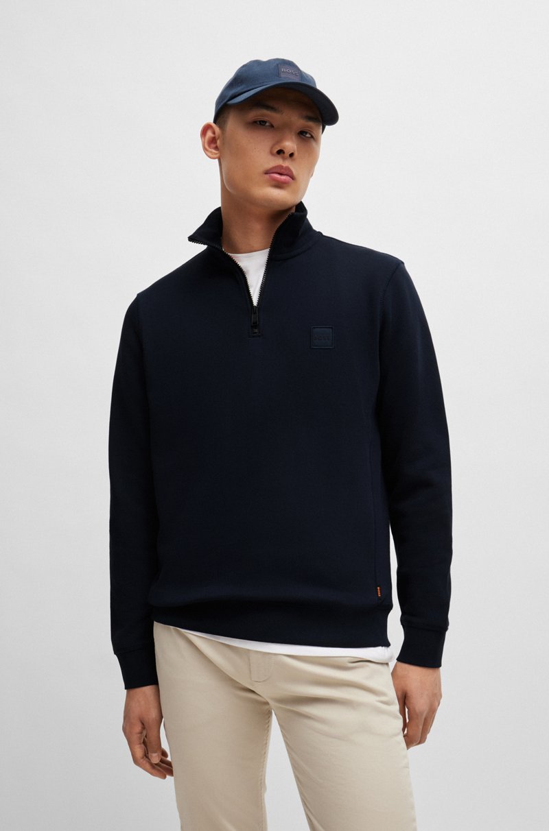 Hugo Boss Sudadera de felpa de algodón con cuello con cremallera y parche de logo