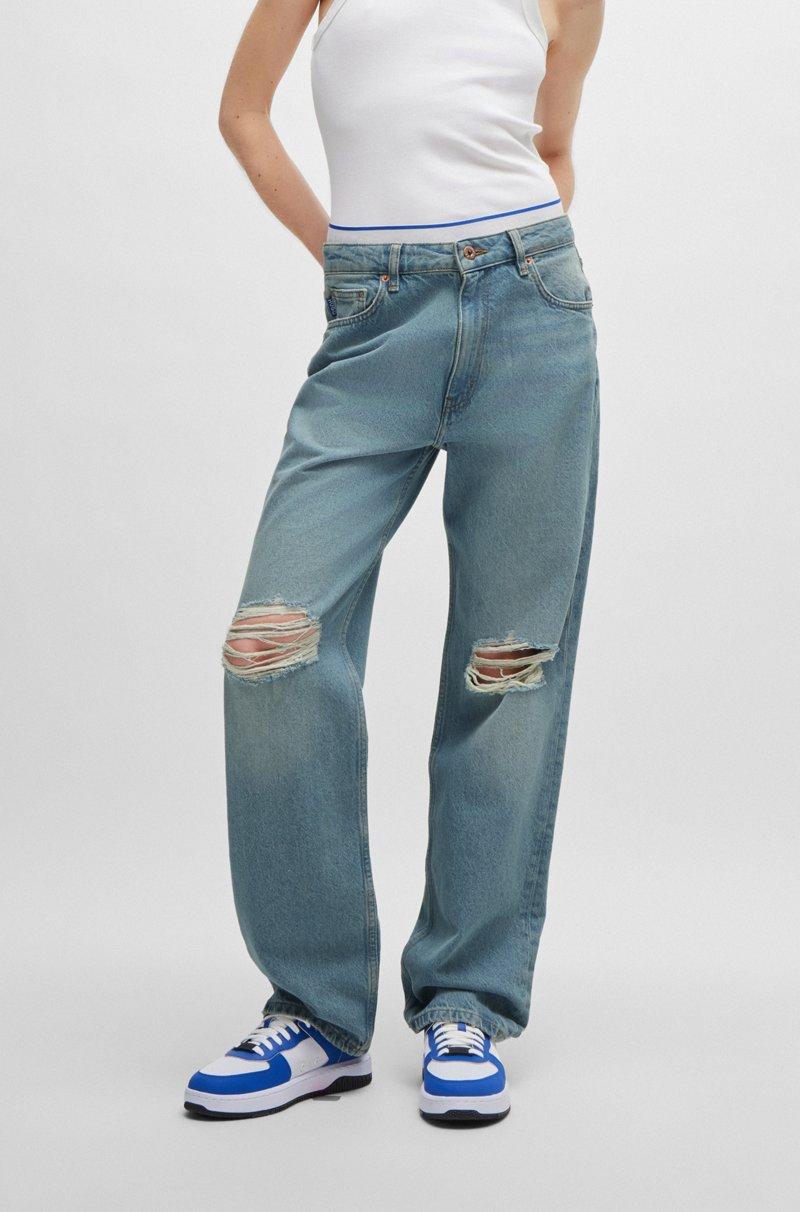 Hugo Boss Vaqueros de corte recto en denim aguamarina con rodillas rasgadas