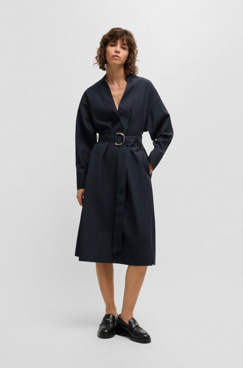 Hugo Boss Vestido Con Cinturón De Lana Virgen Con Cuello En Pico