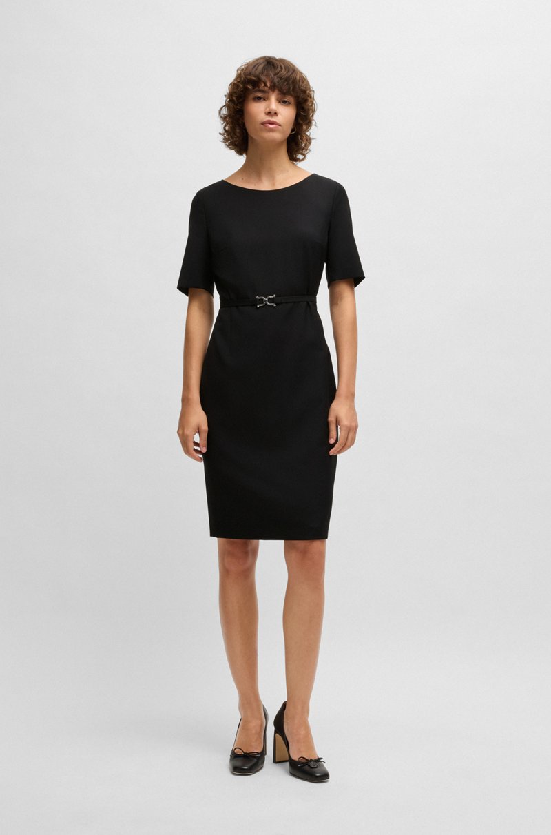 Hugo Boss Vestido De Lana Virgen Con Cinturón Con Detalles Metálicos