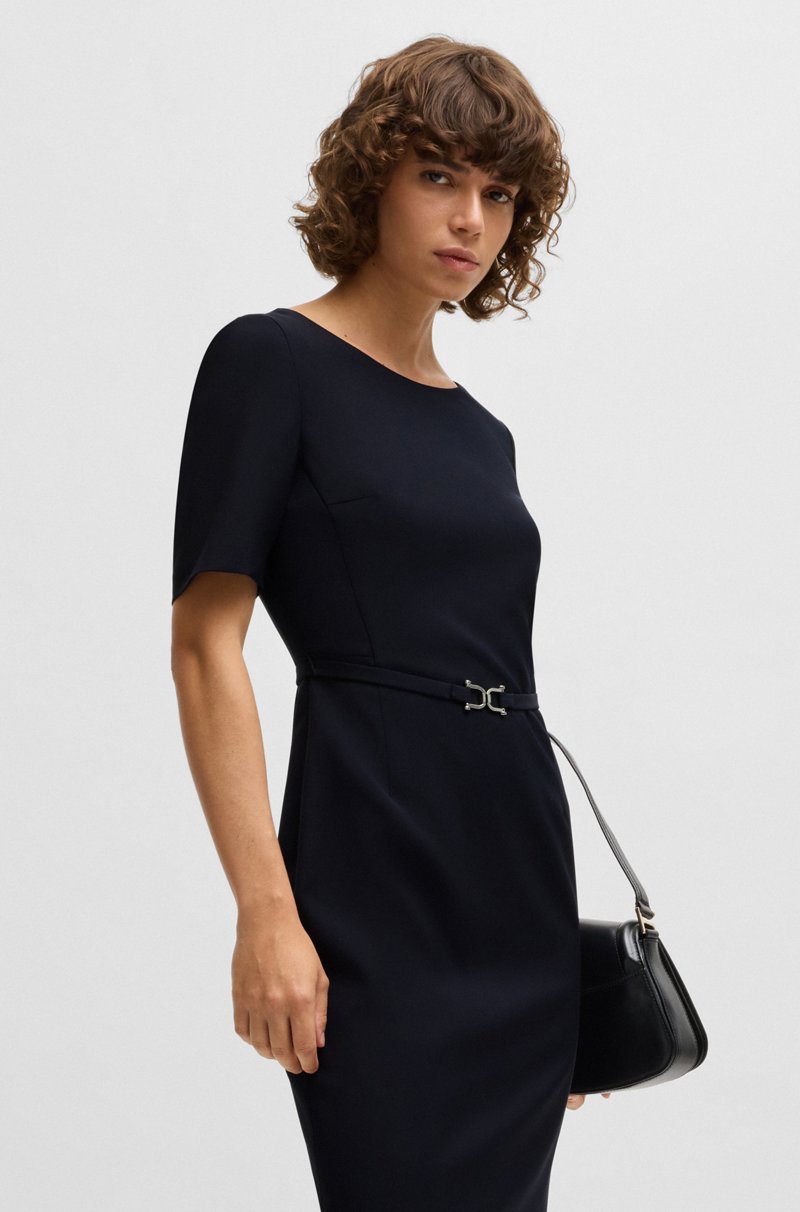 Hugo Boss Vestido De Lana Virgen Con Cinturón Con Detalles Metálicos